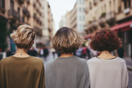 Close-up shot capturing the back view of women with stylish short hairstyles standing confidently on the street, showcasing modern urban fashionの素材