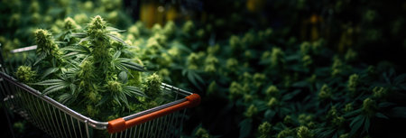 Macro shot featuring the intricate details of marijuana leaves inside a grocery cart, bridging the gap between nature and commerceの素材