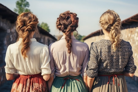 Close-up shot capturing the stylish backs of women adorned in fashionable clothing and diverse hairstyles, expressing individuality.の素材