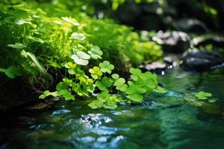 St. Patrick's Day unfolds by the waterside, where clover thrives on the pond's fringe. The verdant reflection symbolizes the lush celebration of nature's embraceの素材
