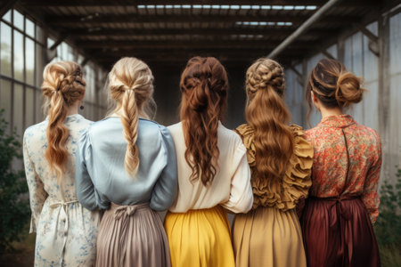 Close-up photo capturing the backs of women in trendy outfits and fashionable hairstyles, each silhouette reflecting contemporary eleganceの素材