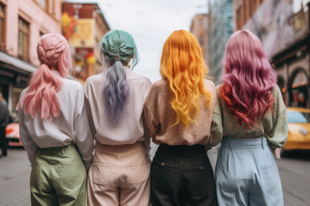 Back view close-up capturing the vibrant energy of women with multi-colored hair, their confident stance contributing to the dynamic atmosphere of the streetの素材