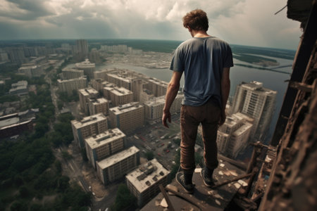 Acrophobia Concept - Man Looking Down from Great Height in the Cityの素材
