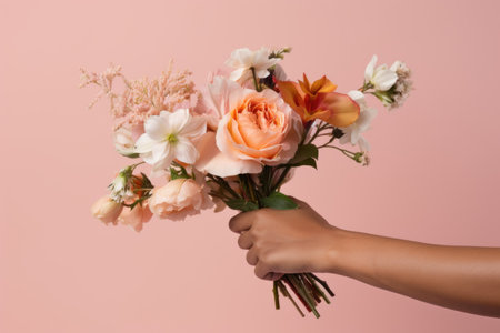 Lady's fingers wrapped around seasonal flowers, peach-colored canvasの素材