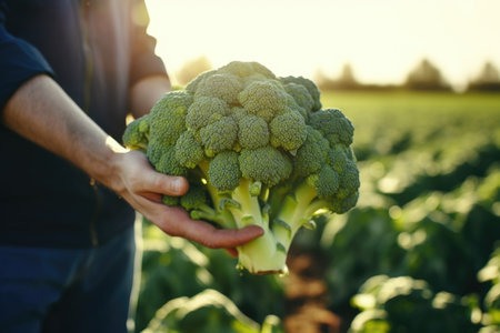 Hands Holding Fresh Broccoli with Green Field in the Backgroundの素材