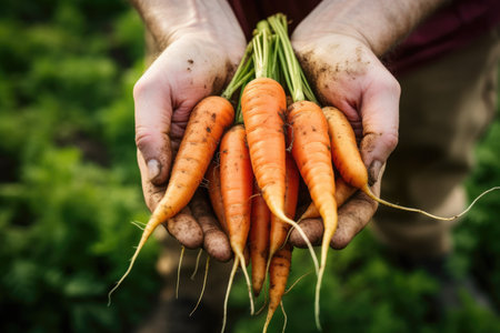 Carrots from the Farm - Close-Up of Hands against Field Backdropの素材