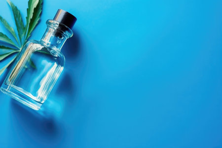 Close-up photo of cosmetic marijuana oil against a blue background, banner, copyspaceの素材