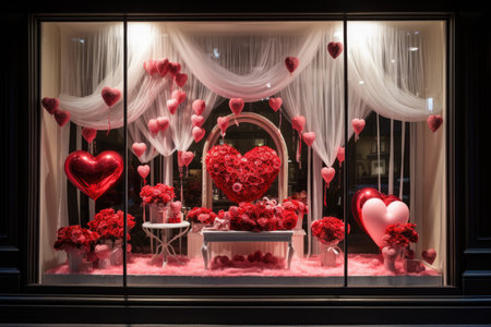 Display window adorned with romantic Valentine's Day decorations in a storeの素材