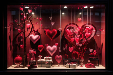 Shop window elegantly decorated with Valentine's Day-themed ornamentsの素材
