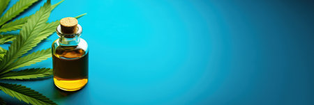 Cosmetic cannabis oil captured up close on a calming blue surface, banner, copyspaceの素材