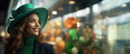 A joyful woman, dressed in a St. Patrick's hat and suit, stands in front of a shop window in a bustling shopping center, celebrating the spirit of St. Patrick's Day and the holiday salesの素材