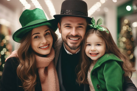 Joyful parents and their daughters, dressed in St. Patrick's attire, enjoying holiday shopping at a mallの素材