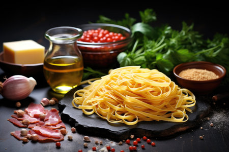 Dark background with the components for preparing carbonara pastaの素材