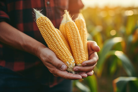 A person's hands holding freshly harvested corn against a countryside landscapeの素材