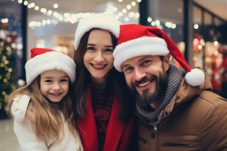 Happy family with parents and a joyful girl in Santa Claus hats enjoying their time at a shopping mallの素材