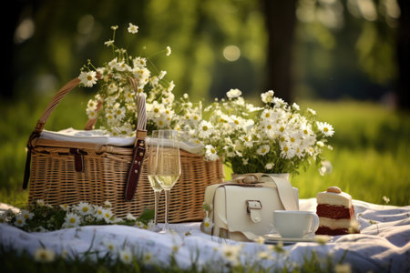 A serene springtime picnic scene featuring an Easter basket amidst blooming flowers and fluttering butterfliesの素材
