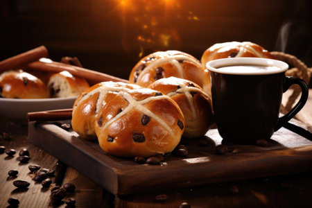 Hot cross buns resting gracefully on a wooden board, accompanied by a comforting cup of coffee, setting the stage for a delightful morning treatの素材
