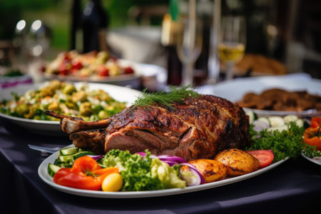 Indulge in a family gathering with a delectable roast lamb as the centerpiece, surrounded by a variety of tempting side dishesの素材