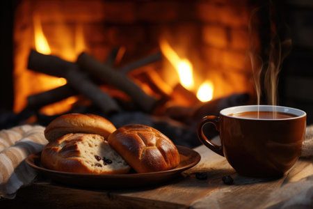 Hot cross buns displayed invitingly on a rustic wooden board, with a steaming cup of coffee nearby, promising a delightful morning reprieveの素材