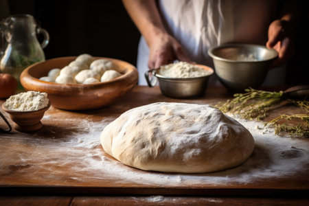 A glimpse into the process of crafting Easter bread, with dough taking shape by hand and an array of essential ingredients and tools within reachの素材