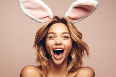 Embracing the tranquility of a light background, a happy woman with Easter bunny ears finds joy in celebrating Easterの素材