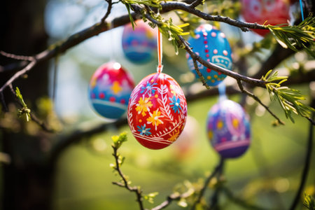 A vibrant collection of Easter eggs nestled among the branches of a treeの素材