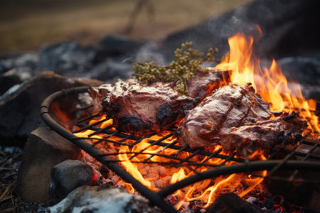 Preparing a delicious grilled lamb outdoors against the backdrop of a picturesque spring sceneの素材