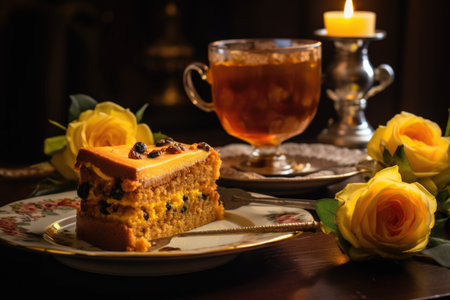 A cozy tea party scene featuring a slice of Simnel cake on a plate, accompanied by a cup of teaの素材