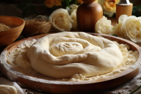 Preparing Easter bread from scratch, with hands diligently kneading the dough, surrounded by an assortment of ingredients and kitchen toolsの素材