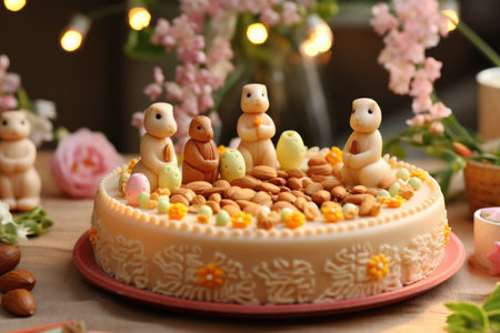 A festive cake adorned with marzipan figures and a variety of nuts and Easter eggs on a celebratory table settingの素材