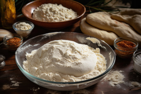 An immersive culinary experience, as dough for Easter bread is expertly kneaded, surrounded by a variety of essential ingredients and toolsの素材