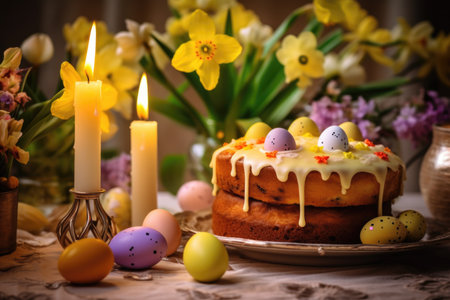 A joyous Easter cake taking center stage on a festively decorated table, surrounded by candles and fresh spring blossomsの素材