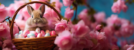A serene bunny with Easter eggs in a basket, framed by soft pink floral backdrop.の素材