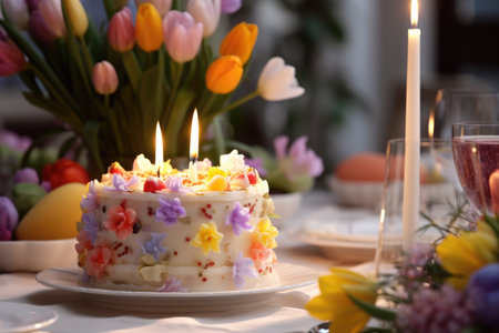 An Easter-themed cake, gracing a festive table adorned with spring flowers and the warm glow of candles, evoking a festive ambianceの素材