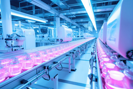 Advanced biotechnology lab featuring rows of LED plant growth chambers glowing with pink light, highlighting modern agricultural techniques.の素材