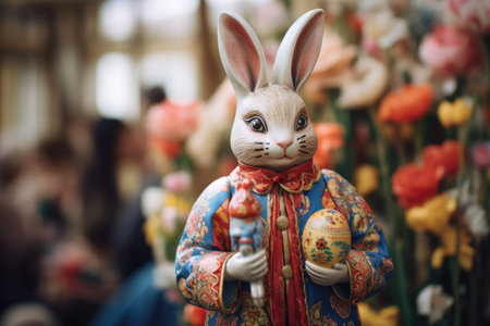 A decorative Easter bunny statue dressed in a vibrant costume stands amidst a colorful field of blooming tulips.の素材