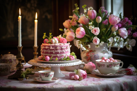 Easter joy captured in an image: an adorned table with an Easter cake, surrounded by candles and vibrant spring flowersの素材