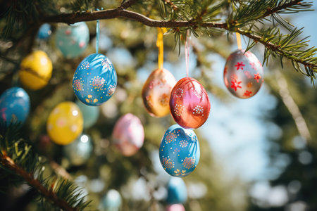Sunlight filters through a canopy, illuminating Easter eggs on a treeの素材