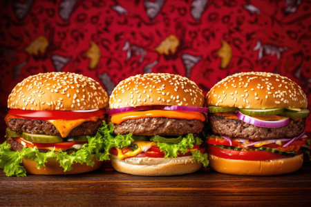 An artistic arrangement of hamburgers, each featuring its own unique filling, set against a backdrop of captivating and vibrant huesの素材