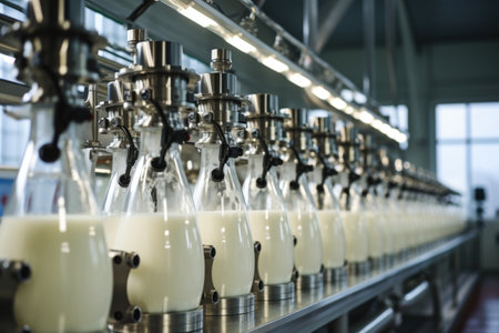 Manufacturing process involving bottles containing a white substance, potentially milk, on an industrial lineの素材