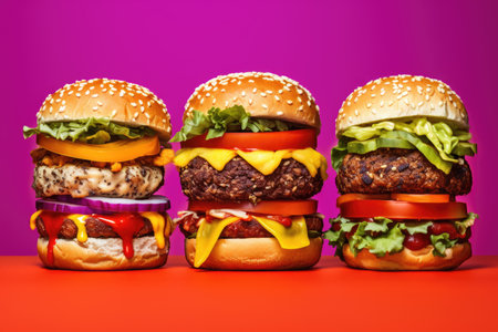 A collection of selectable hamburgers, each with a unique filling, set against a colorful and lively backdropの素材