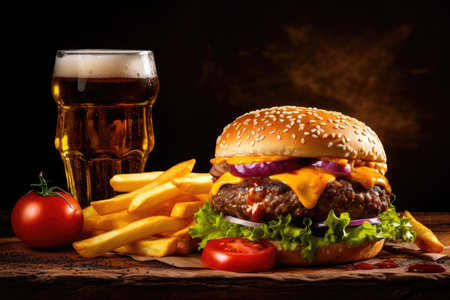 A classic trio of a hamburger, crispy fries, and a glass of beer, presented in an appetizing manner, embodying the essence of comfort foodの素材