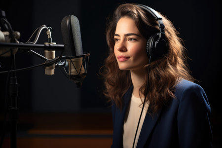 A charismatic and confident woman hosting a live radio show in the studio, engaging her audience with her presenceの素材