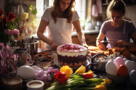 In the kitchen, a mother and her daughter join forces to prepare an Easter cake, creating cherished family memoriesの素材