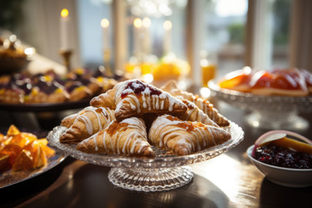 A snapshot of the Purim spirit, showcasing 'Hamantaschen' and traditional delicacies on a beautifully set table for the festive occasionの素材