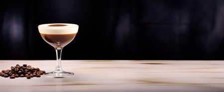 A glass with a coffee-infused cocktail resting on a light coffee-colored background, setting the mood for sophisticationの素材