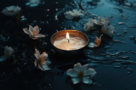 Candles and lilies on wet surface, capturing a moment of quiet contemplation.の素材