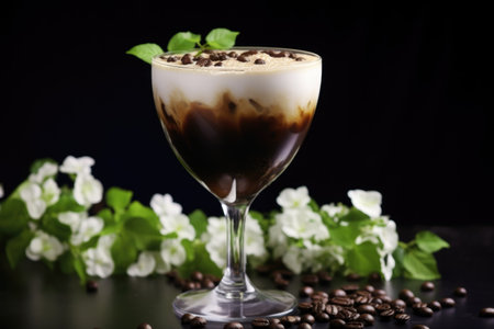 A captivating coffee-based beverage in a glass, placed on a rich, dark surface, promising moments of sheer pleasureの素材