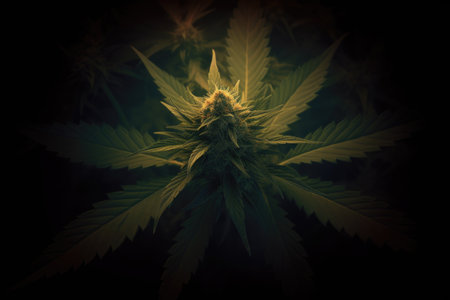 An illustration of a cannabis plant in a dark, mysterious atmosphere, framed by hemp motifsの素材