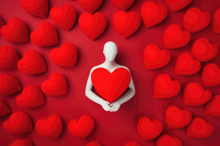 A faceless mannequin holding a large red heart close, surrounded by numerous heart shapes on a deep red background.の素材